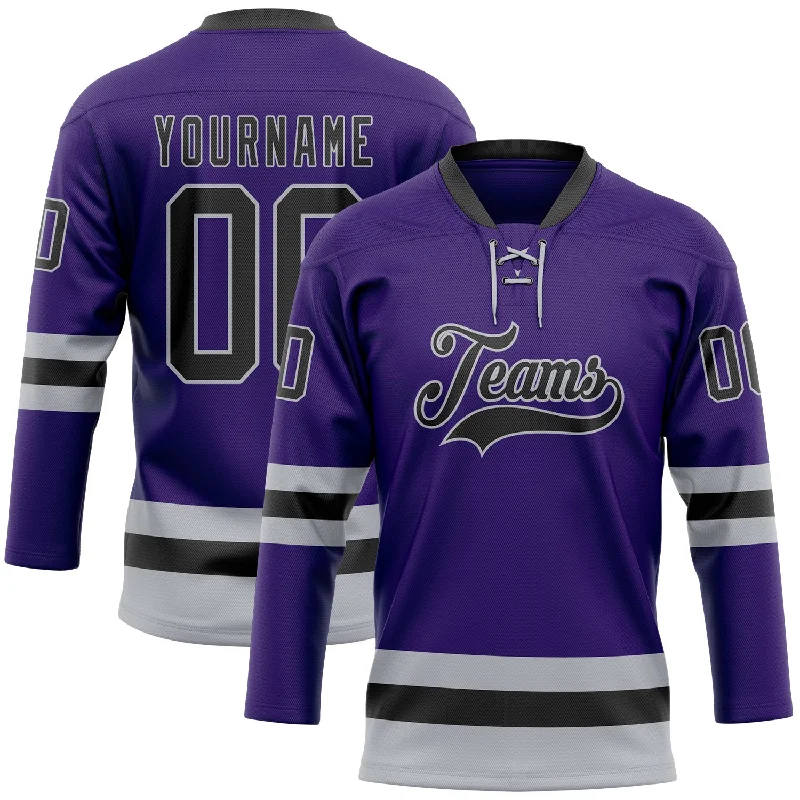 NHL hockey jerseys for men-Custom Purple Black-Gray Hockey Lace Neck Jersey