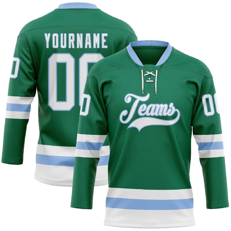 Kids’ hockey jersey with team number-Custom Kelly Green White-Light Blue Hockey Lace Neck Jersey