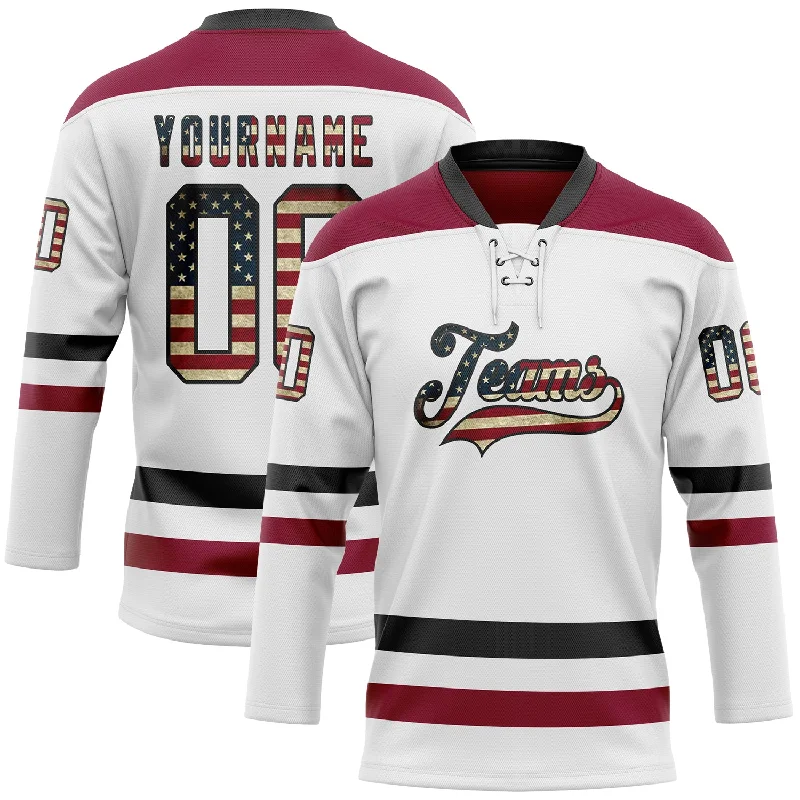 Limited edition hockey jerseys for collectors-Custom White Vintage USA Flag Black-Maroon Hockey Lace Neck Jersey