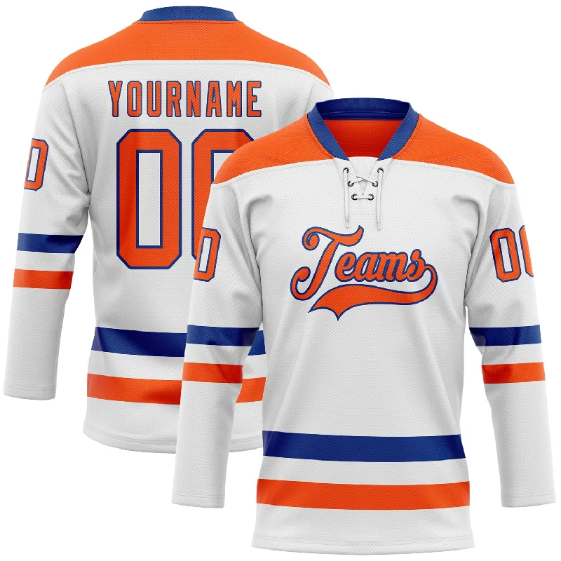 Hockey jerseys for women’s leagues-Custom White Orange-Royal Hockey Lace Neck Jersey