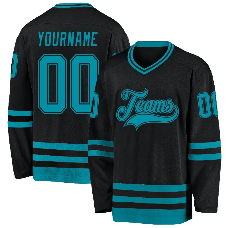 Heat-press hockey jersey with vibrant designs-Custom Black Teal Hockey Jersey