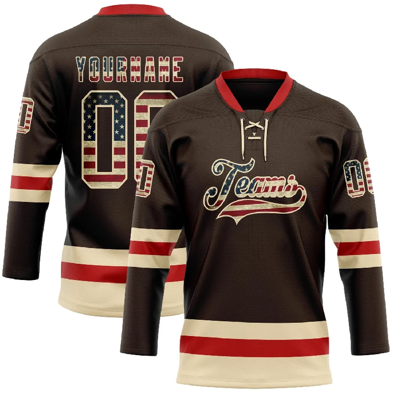 Custom hockey jerseys for ice skating competitions-Custom Brown Vintage USA Flag Cream-Red Hockey Lace Neck Jersey