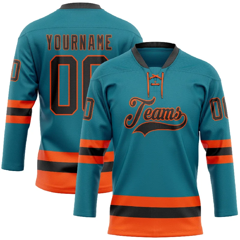 Ice hockey jersey with reinforced stitching-Custom Teal Black-Orange Hockey Lace Neck Jersey