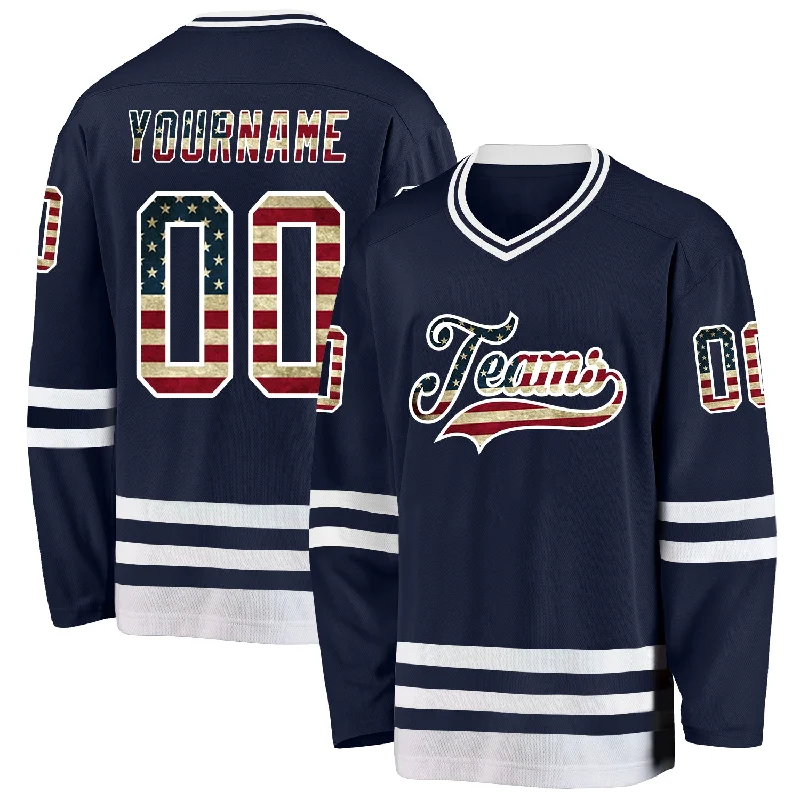 Hockey jerseys with multiple sponsor spots-Custom Navy Vintage USA Flag-White Hockey Jersey