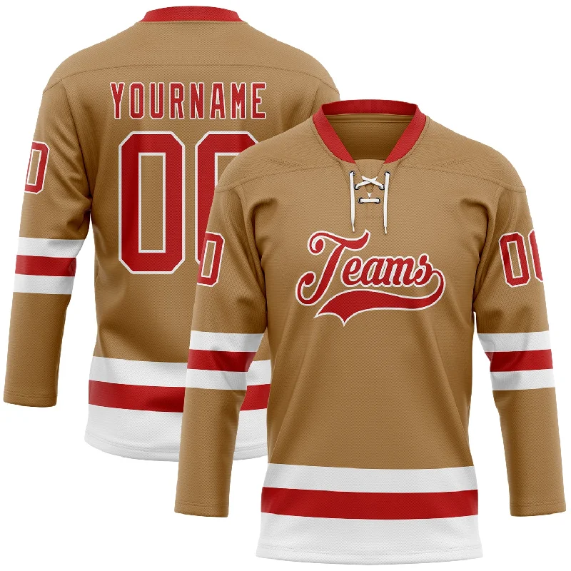 Soft fabric hockey jerseys for youth leagues-Custom Old Gold Red-White Hockey Lace Neck Jersey