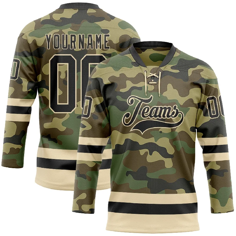 Custom hockey jerseys with contrasting sleeves-Custom Camo Black-Cream Salute To Service Hockey Lace Neck Jersey