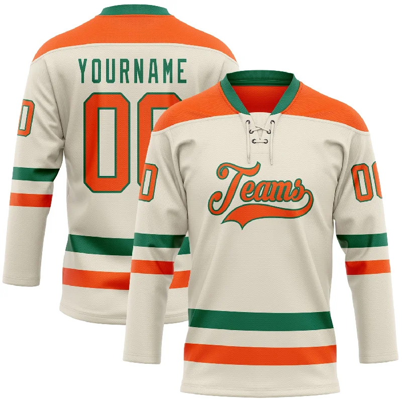 Custom embroidered hockey jerseys-Custom Cream Orange-Kelly Green Hockey Lace Neck Jersey