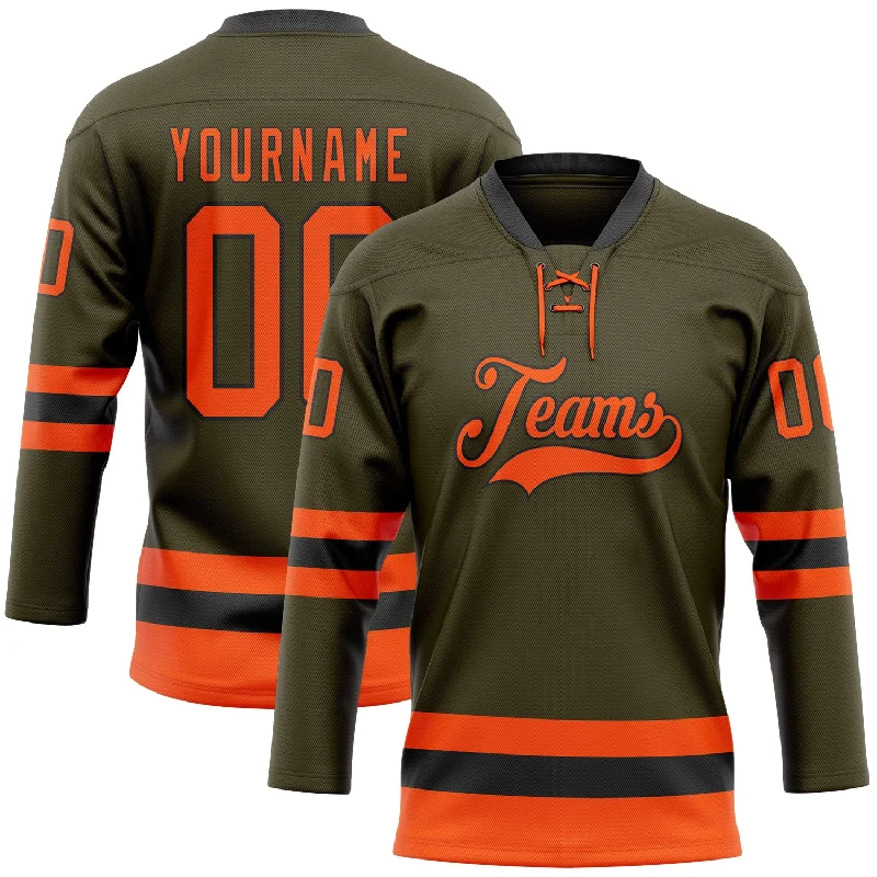 Men’s fitted hockey jersey for comfortable wear-Custom Olive Orange-Black Salute To Service Hockey Lace Neck Jersey