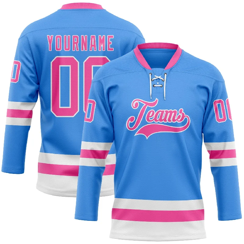 Lightweight mesh hockey jerseys for tournaments-Custom Sky Blue Pink-White Hockey Lace Neck Jersey