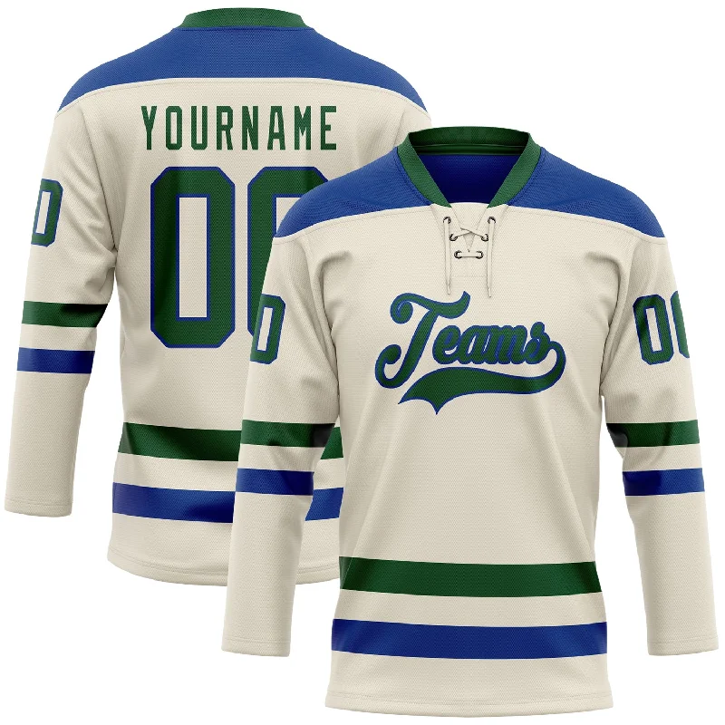 Replica hockey jersey for fans-Custom Cream Green-Royal Hockey Lace Neck Jersey