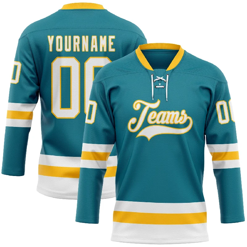 Official NHL jersey for fan merchandise-Custom Teal White-Gold Hockey Lace Neck Jersey