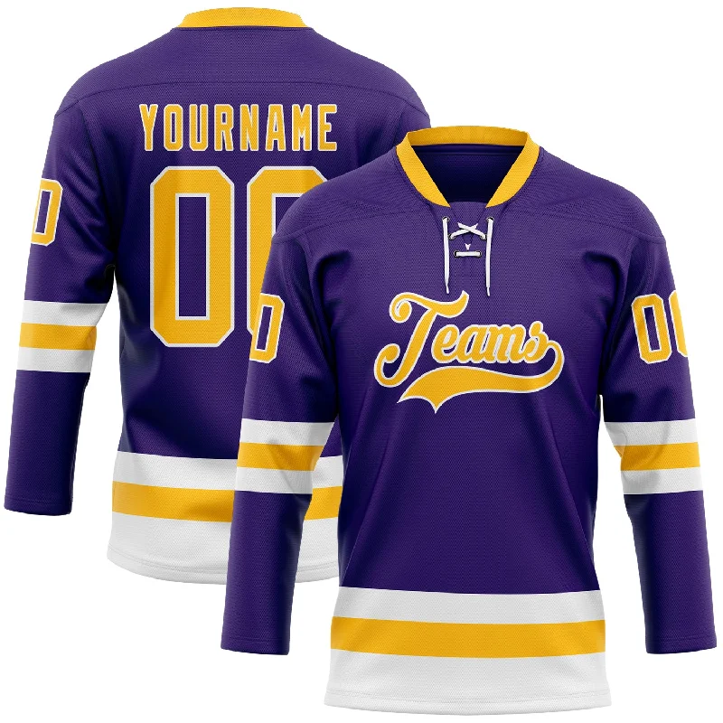 Soft fabric hockey jerseys for youth leagues-Custom Purple Gold-White Hockey Lace Neck Jersey