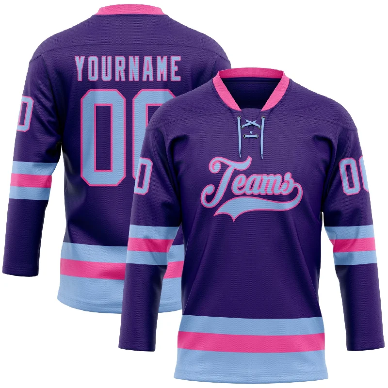 Personalized hockey jersey with name-Custom Purple Light Blue-Pink Hockey Lace Neck Jersey