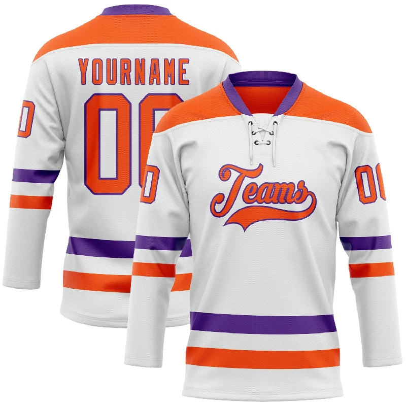 Long-sleeve hockey jerseys for cold weather-Custom White Orange-Purple Hockey Lace Neck Jersey