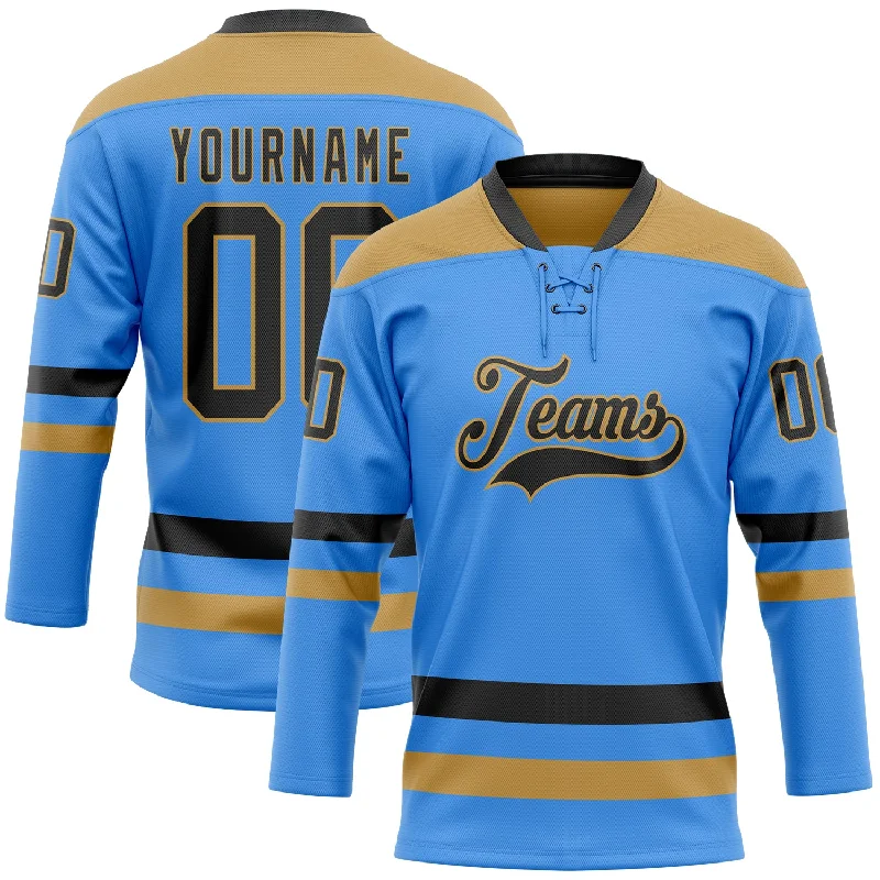 Reversible hockey jerseys for practice and games-Custom Sky Blue Black-Old Gold Hockey Lace Neck Jersey