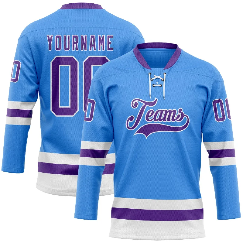 Classic color hockey jerseys for team unity-Custom Sky Blue Purple-White Hockey Lace Neck Jersey