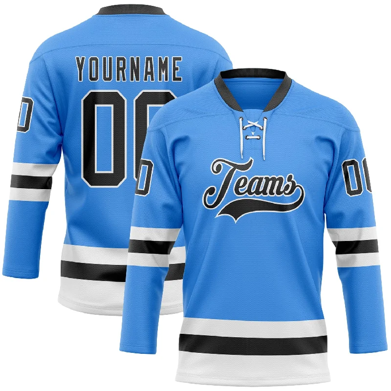 Short-sleeve hockey jerseys for summer leagues-Custom Sky Blue Black-White Hockey Lace Neck Jersey