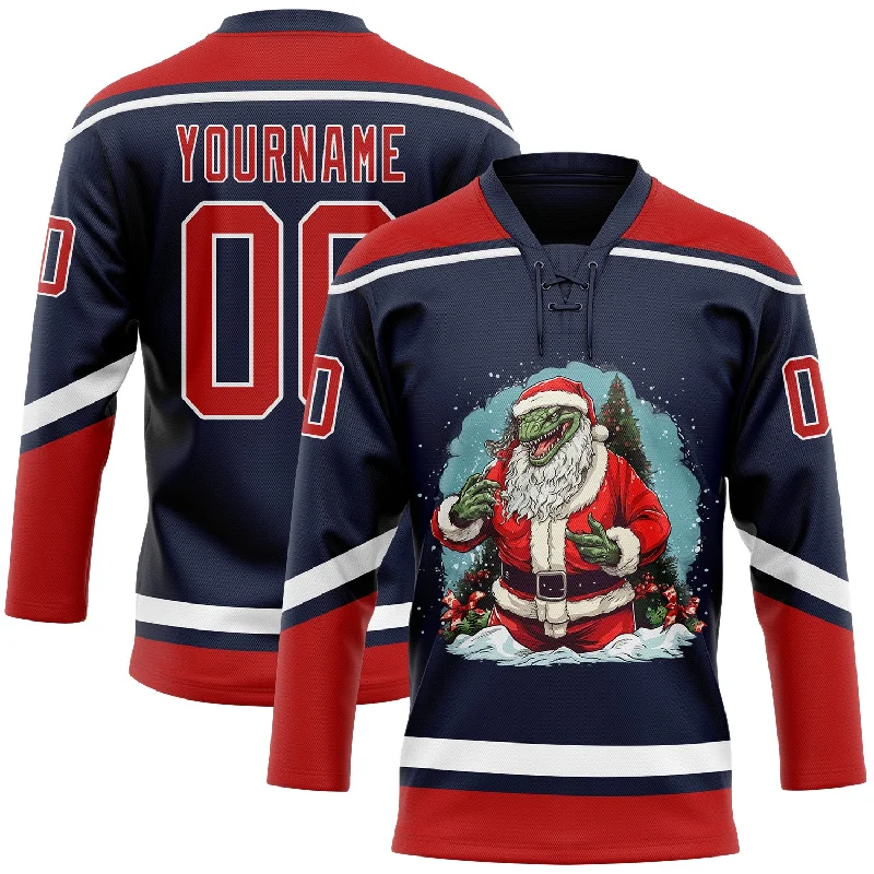 Custom embroidered hockey jerseys-Custom Navy Red-White Funny Christmas 3D Hockey Lace Neck Jersey