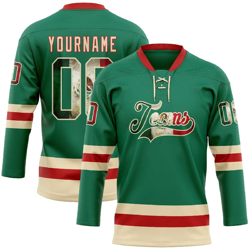 Reversible hockey jerseys for practice and games-Custom Kelly Green Vintage Mexican Flag Cream-Red Hockey Lace Neck Jersey