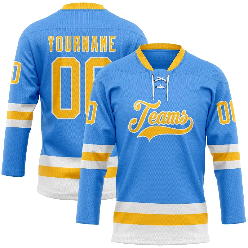 Fan-favorite hockey jerseys for casual use-Custom Sky Blue Gold-White Hockey Lace Neck Jersey