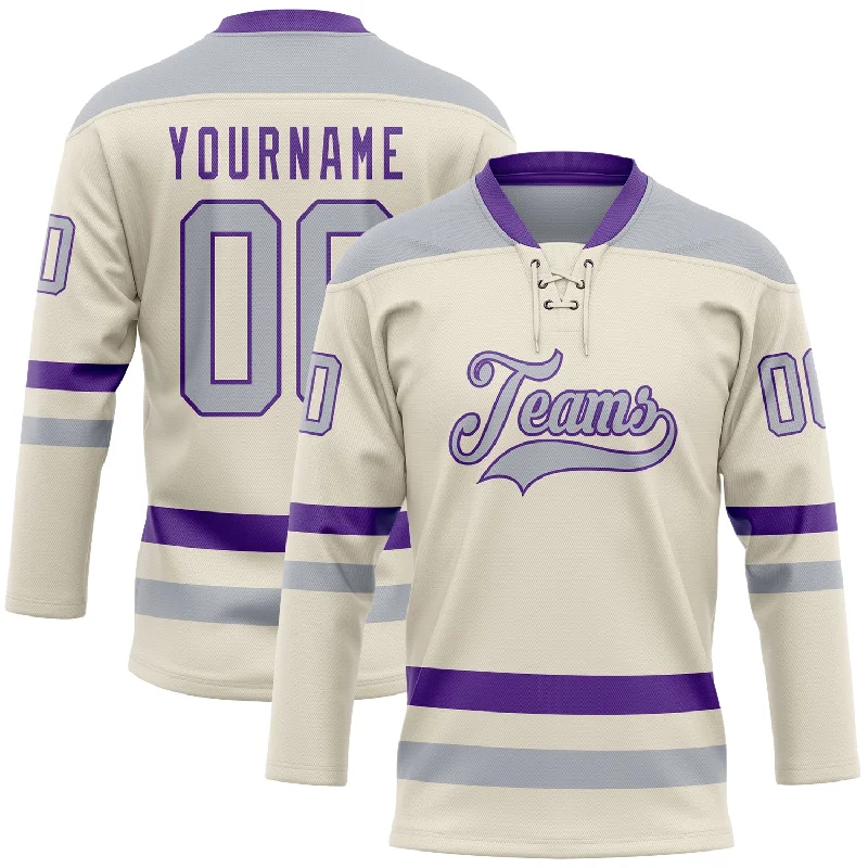 Hockey jerseys with custom patches-Custom Cream Gray-Purple Hockey Lace Neck Jersey