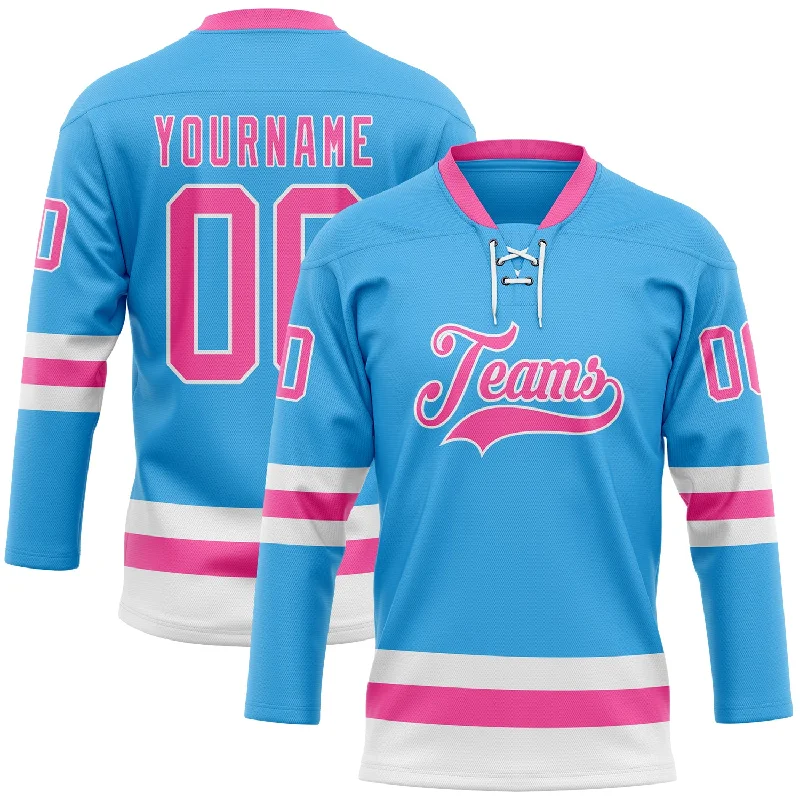 Men’s fitted hockey jersey for comfortable wear-Custom Sky Blue Pink-White Hockey Lace Neck Jersey