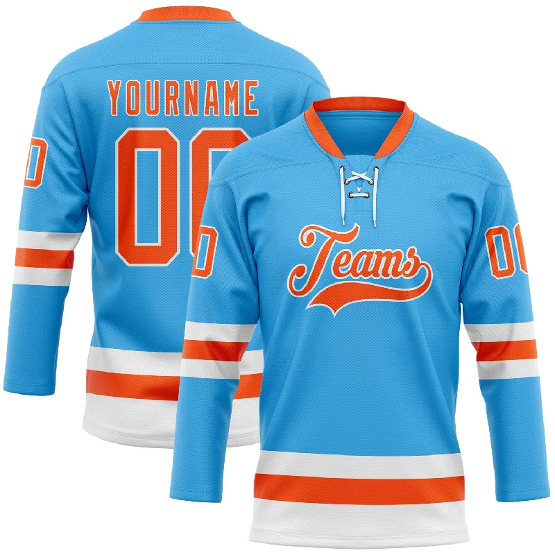 Team hockey jerseys with contrasting designs-Custom Sky Blue Orange-White Hockey Lace Neck Jersey