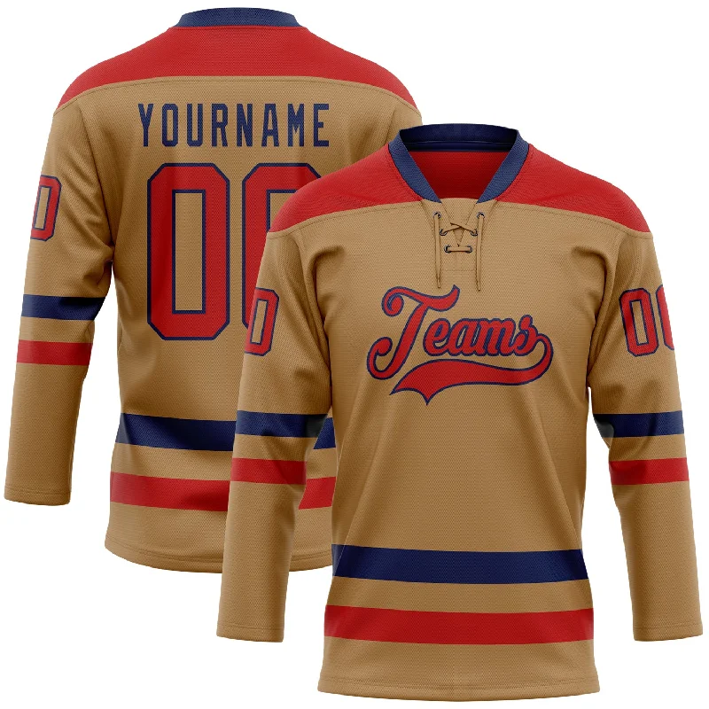 Youth hockey jerseys for kids-Custom Old Gold Red-Navy Hockey Lace Neck Jersey