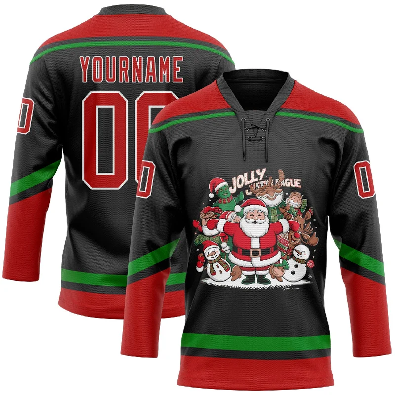 Hockey jersey with breathable fabric for comfort-Custom Black Red-Grass Green Funny Christmas 3D Hockey Lace Neck Jersey