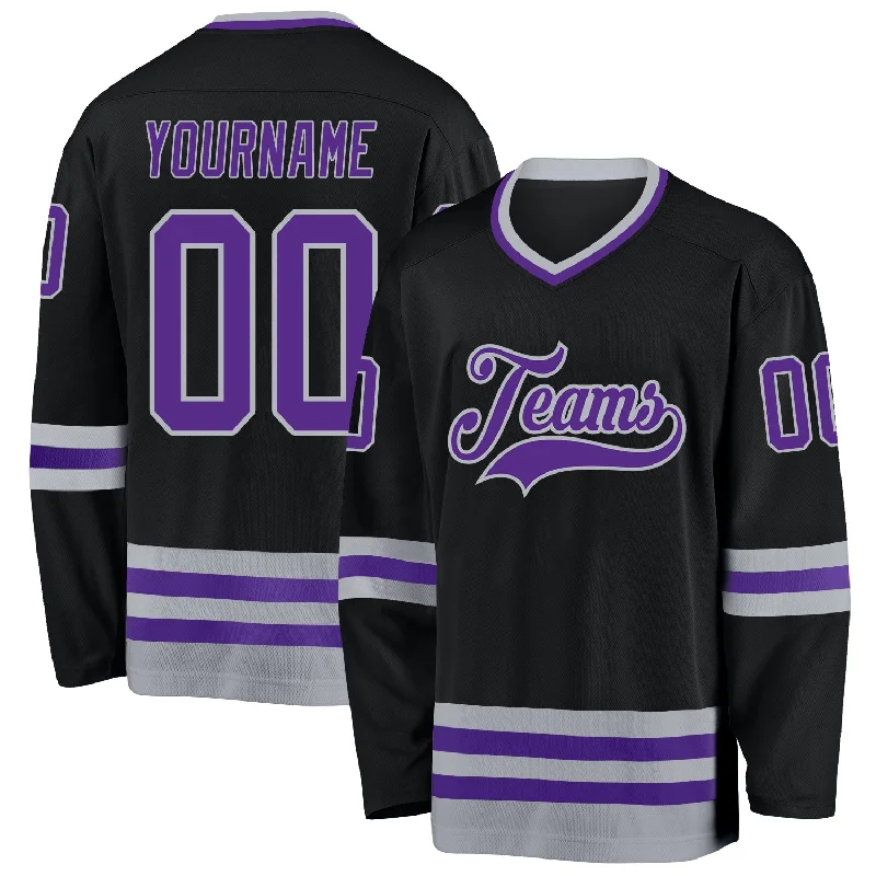 Men’s fitted hockey jersey for comfortable wear-Custom Black Purple-Gray Hockey Jersey