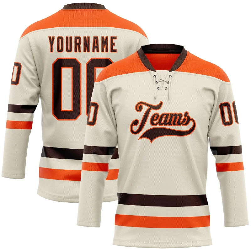 Custom team hockey jerseys with logos-Custom Cream Brown-Orange Hockey Lace Neck Jersey