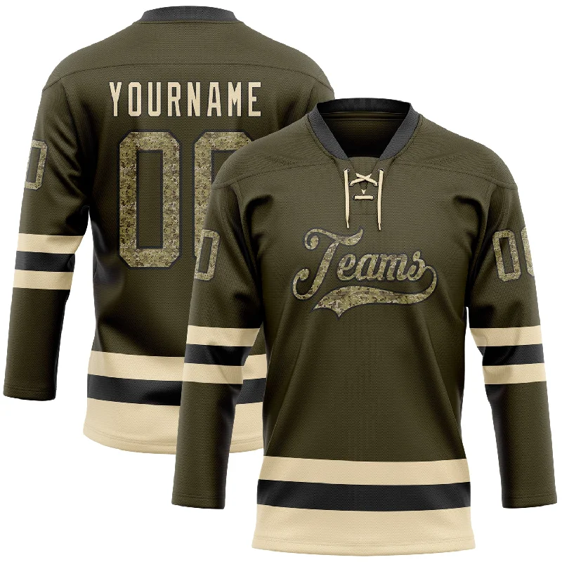 Official licensed NHL hockey jerseys for sale-Custom Olive Camo Black-Cream Salute To Service Hockey Lace Neck Jersey