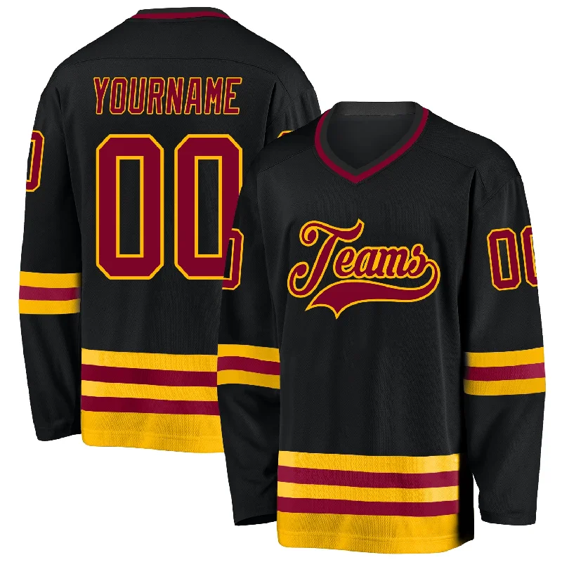 Lightweight practice hockey jerseys for training-Custom Black Maroon-Gold Hockey Jersey