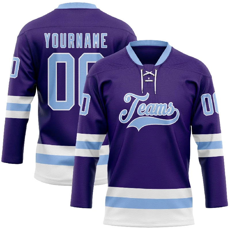 Replica hockey jersey for fans-Custom Purple Light Blue-White Hockey Lace Neck Jersey