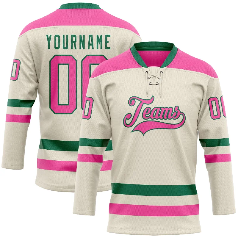 Hockey jersey with breathable fabric for comfort-Custom Cream Pink-Kelly Green Hockey Lace Neck Jersey