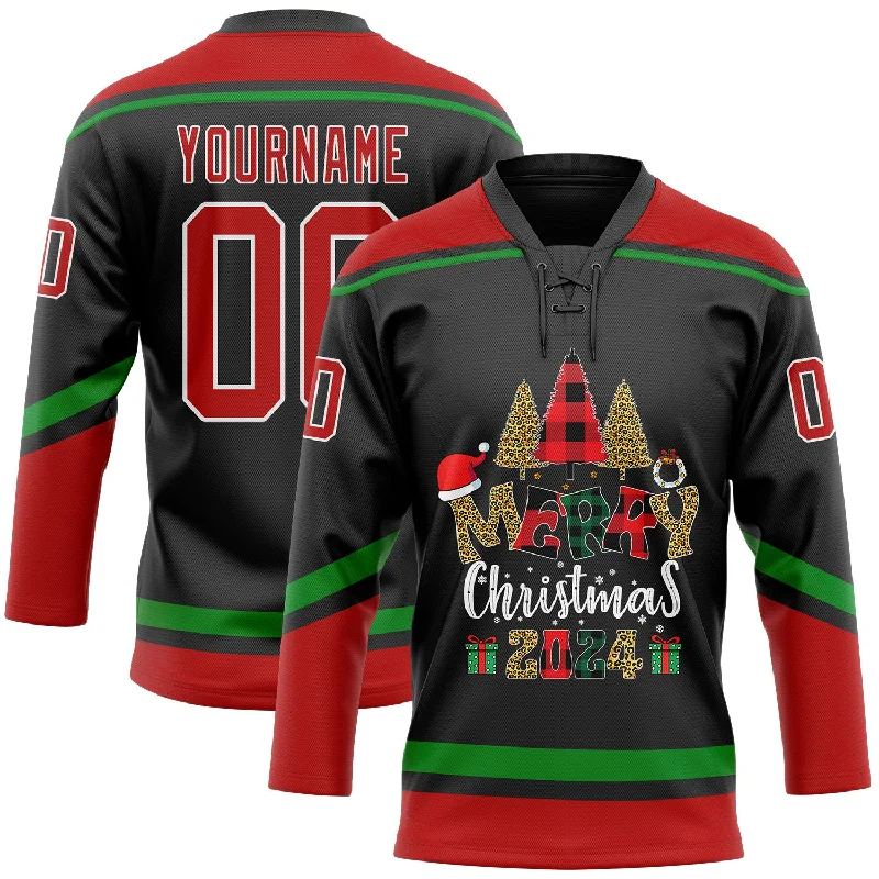 Custom team hockey jerseys with logos-Custom Black Red-Grass Green Funny Christmas 3D Hockey Lace Neck Jersey