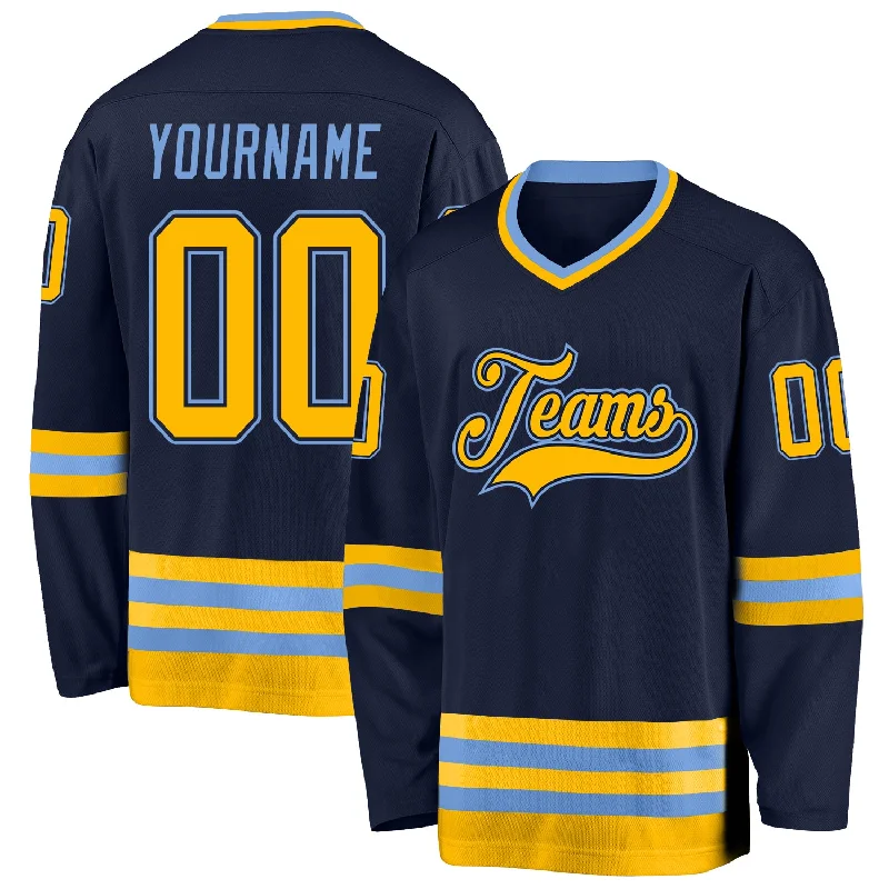 Reversible hockey jerseys for practice and games-Custom Navy Gold-Light Blue Hockey Jersey