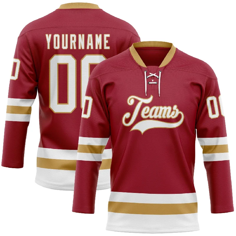 Custom color-blocked hockey jerseys for style-Custom Maroon White-Old Gold Hockey Lace Neck Jersey