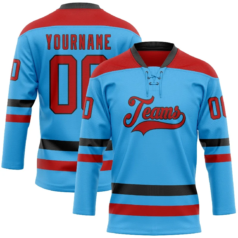 High-quality embroidered hockey jerseys-Custom Sky Blue Red-Black Hockey Lace Neck Jersey