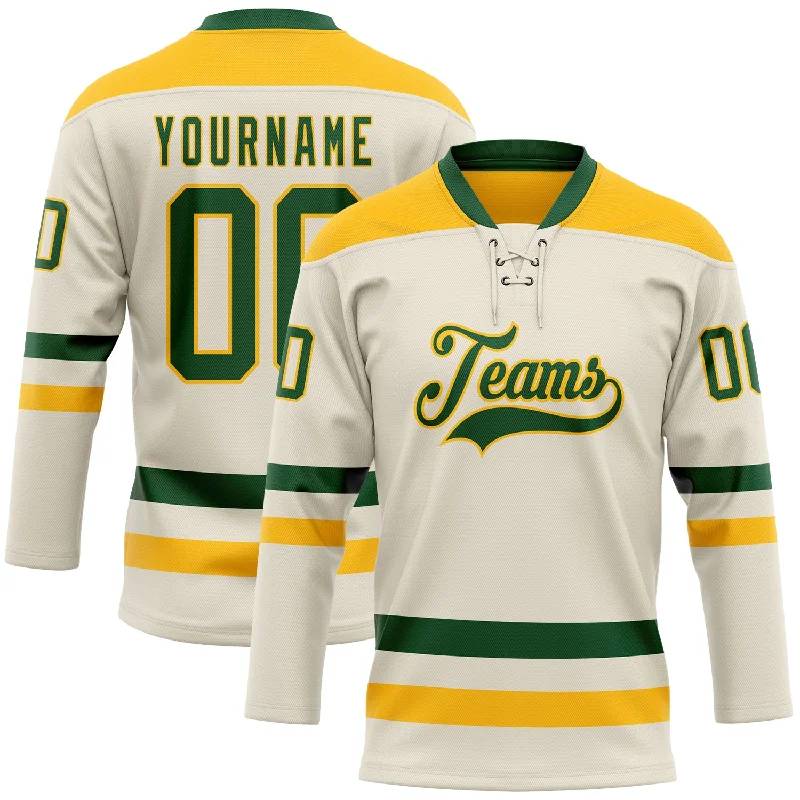 Customizable hockey jersey for tournaments-Custom Cream Green-Gold Hockey Lace Neck Jersey