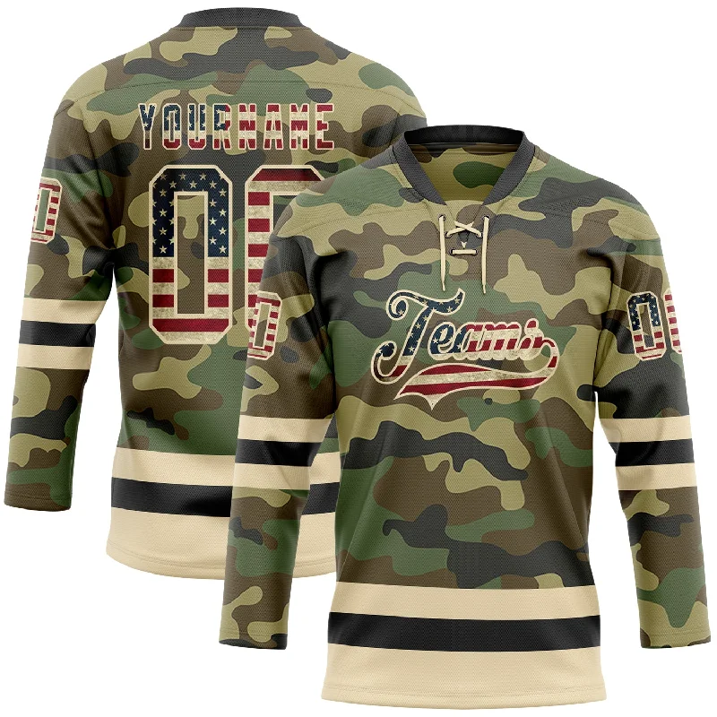 Authentic team logo hockey jerseys-Custom Camo Vintage USA Flag Cream-Black Salute To Service Hockey Lace Neck Jersey