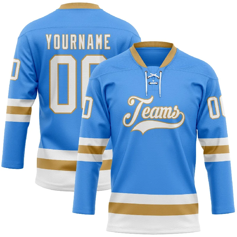 Professional-grade hockey jersey for athletes-Custom Sky Blue White-Old Gold Hockey Lace Neck Jersey