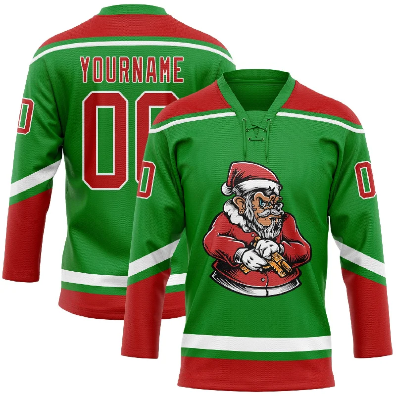 Adult hockey jerseys for casual wear-Custom Grass Green Red-White Funny Christmas 3D Hockey Lace Neck Jersey