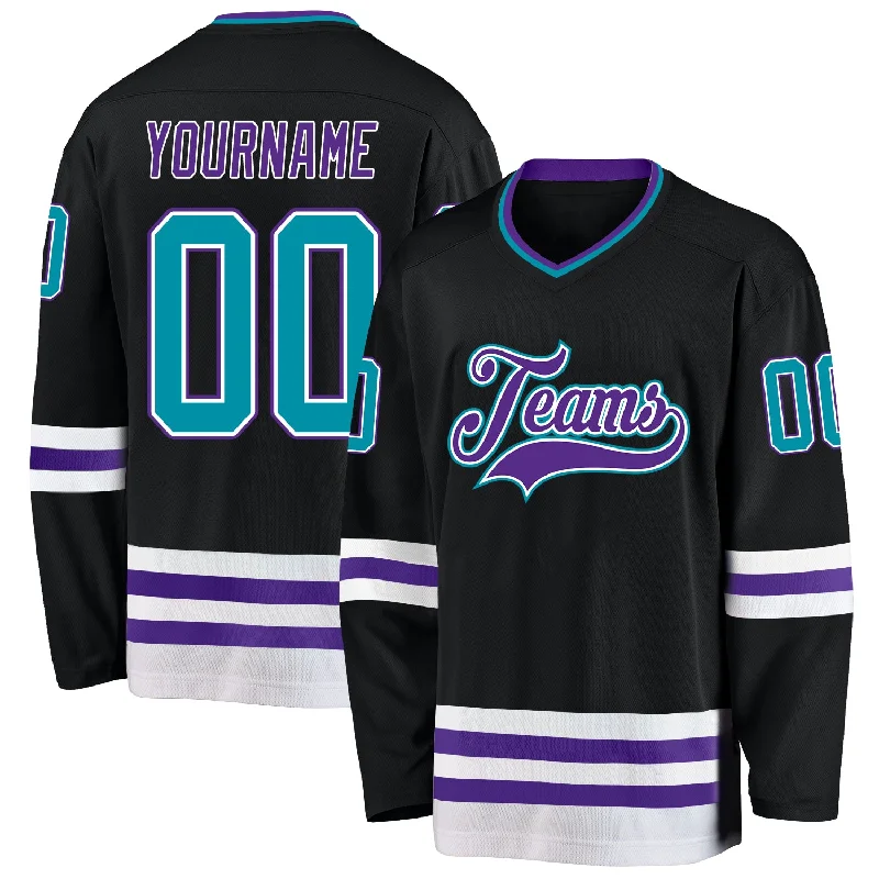 Custom hockey jersey with sponsor branding-Custom Black Teal-Purple Hockey Jersey