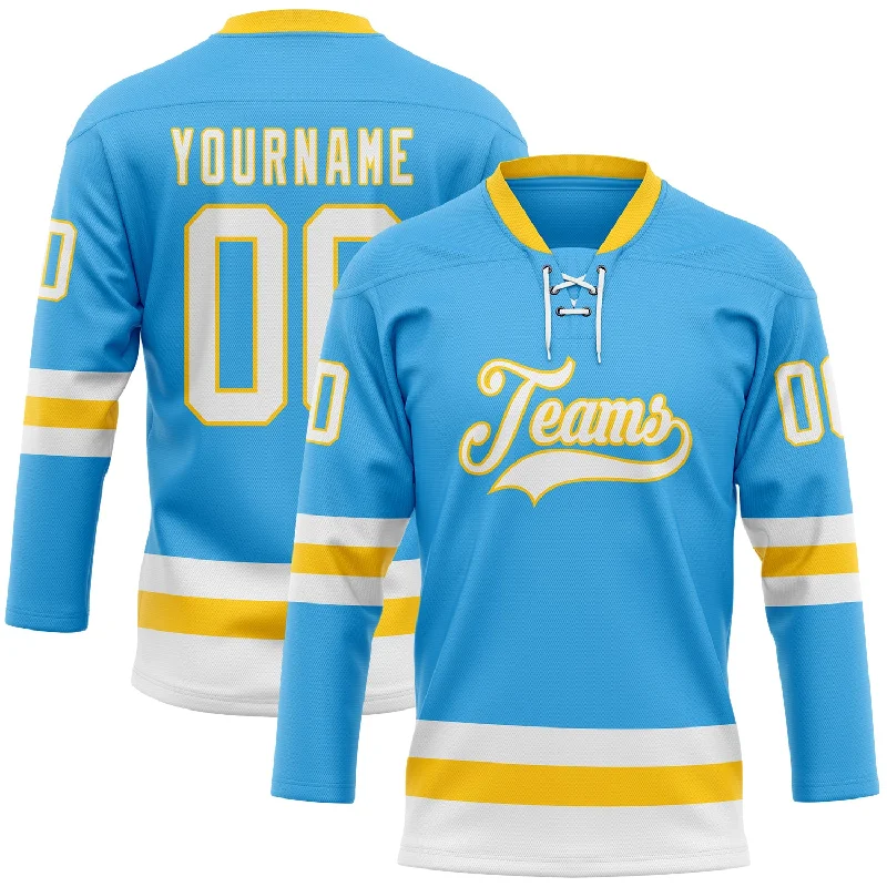 Professional fit hockey jersey for adult leagues-Custom Sky Blue White-Yellow Hockey Lace Neck Jersey