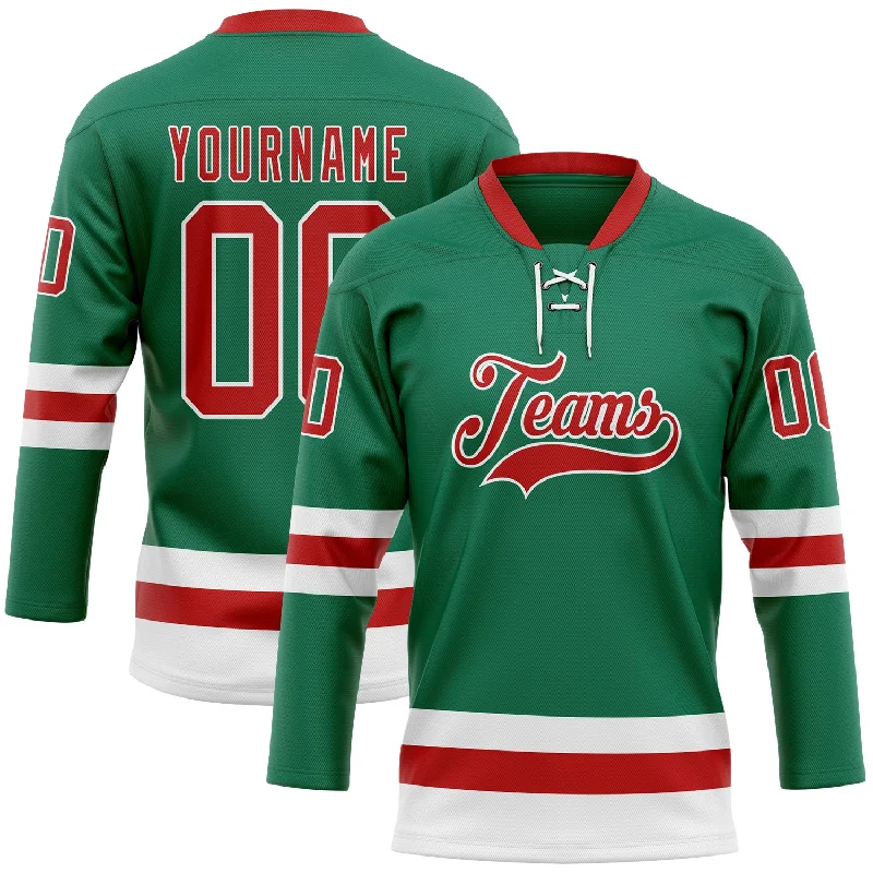 Lightweight mesh hockey jerseys for tournaments-Custom Kelly Green Red-White Hockey Lace Neck Jersey