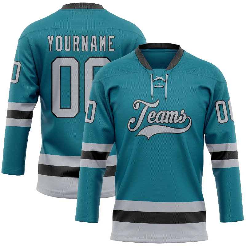 Soft cotton hockey jerseys for casual wear-Custom Teal Gray-Black Hockey Lace Neck Jersey