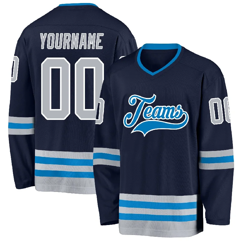 Official NHL jersey for fan merchandise-Custom Navy Gray-Blue Hockey Jersey