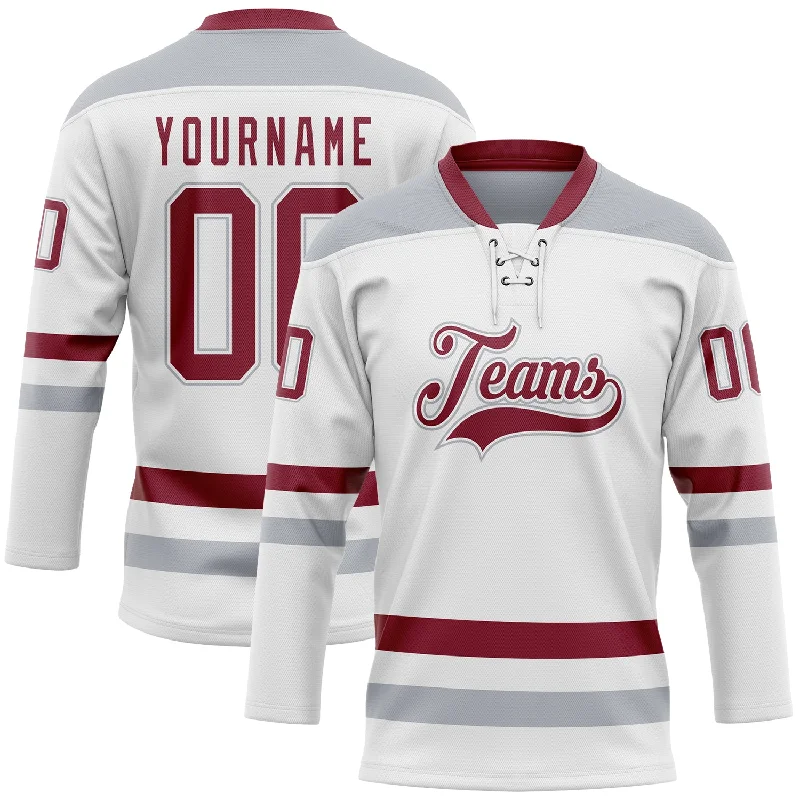 Personalized adult hockey jersey for fans-Custom White Crimson-Gray Hockey Lace Neck Jersey