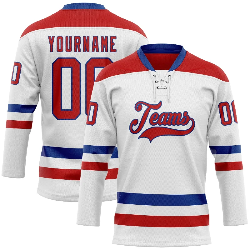 Custom sublimated hockey jerseys for teams-Custom White Red-Royal Hockey Lace Neck Jersey